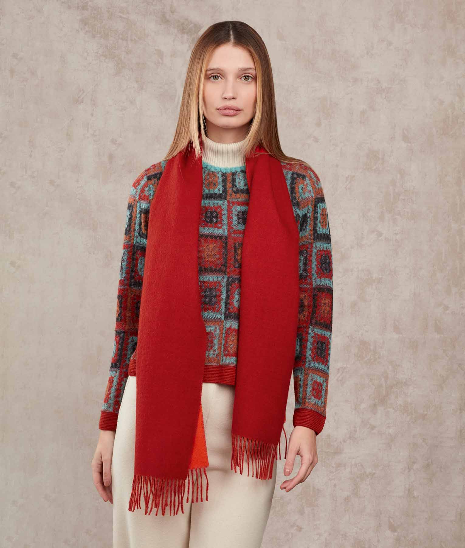 Double Face Scarf - Orange And Red