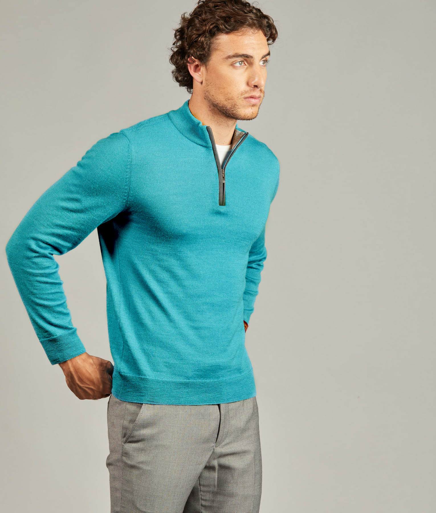 Basic Jersey Mock Neck Zipped Sweater - Turquoise Tribute