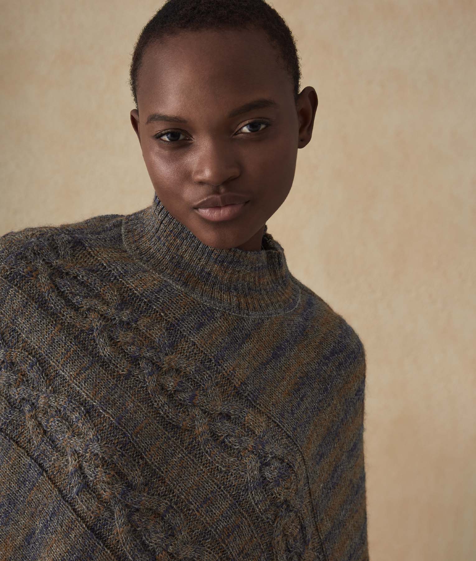 Cables Zipped Detailed Poncho - Inca Gold And Blue Ribbon