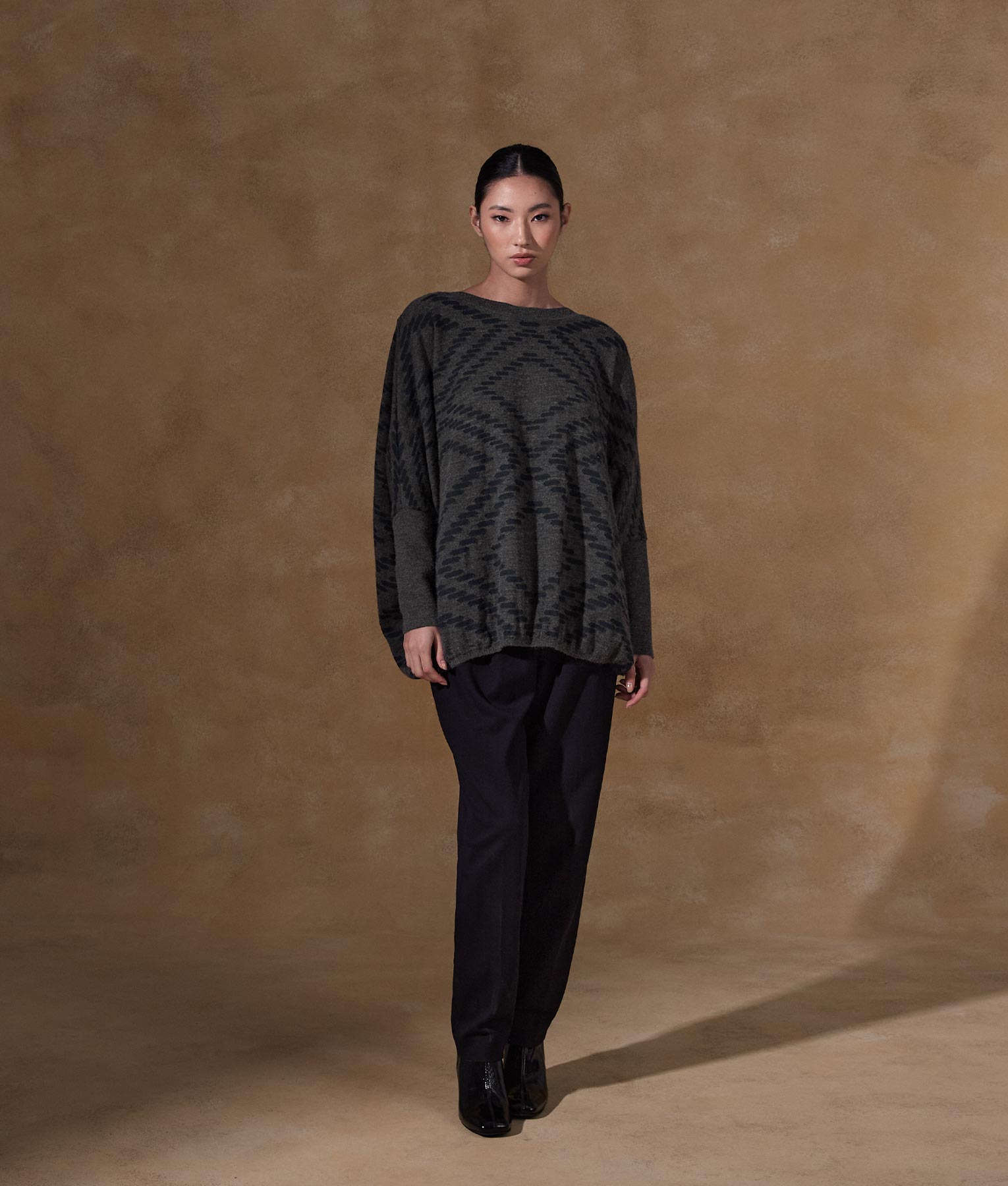 Bi Colour Jacquard Poncho With Sleeves - Gray And Navy Blue