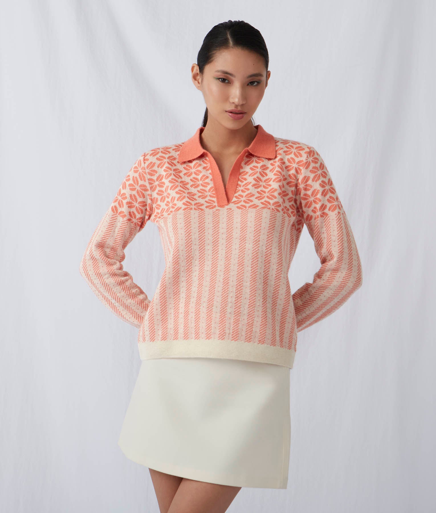 SO ME Floral Stripe Polo Collar Sweater