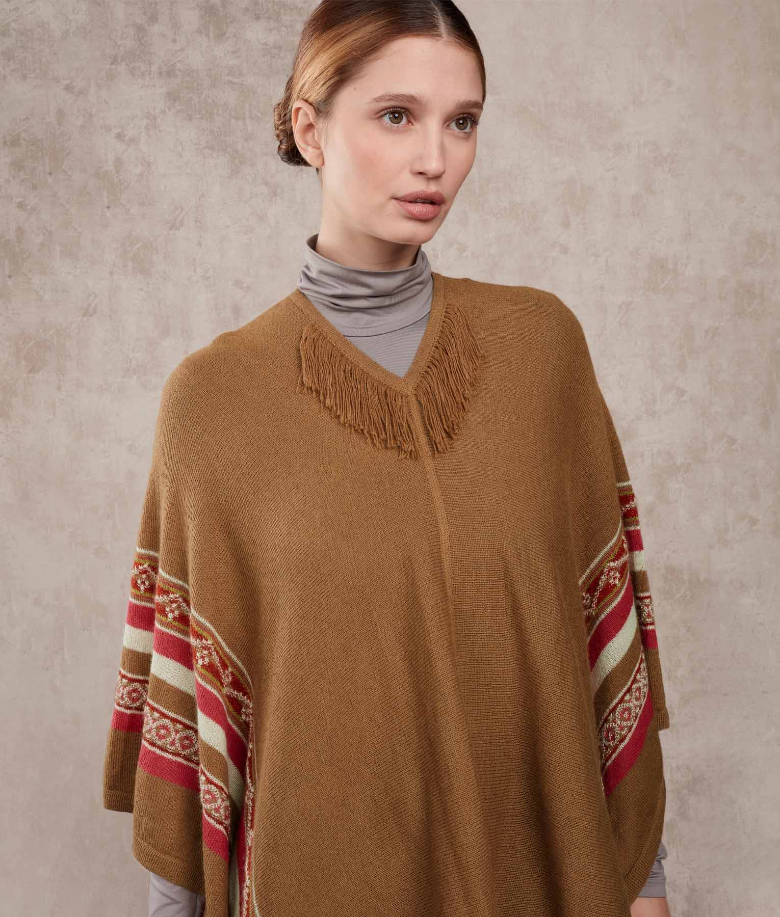 Poncho Rider With Fringe Details - Toasted Coconut With Fringes