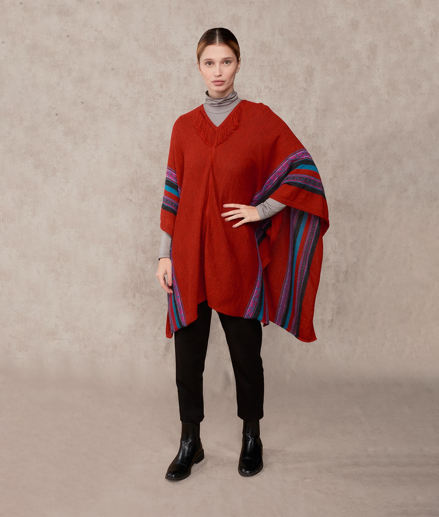Poncho Rider With Fringe Details - Wine Raspberry