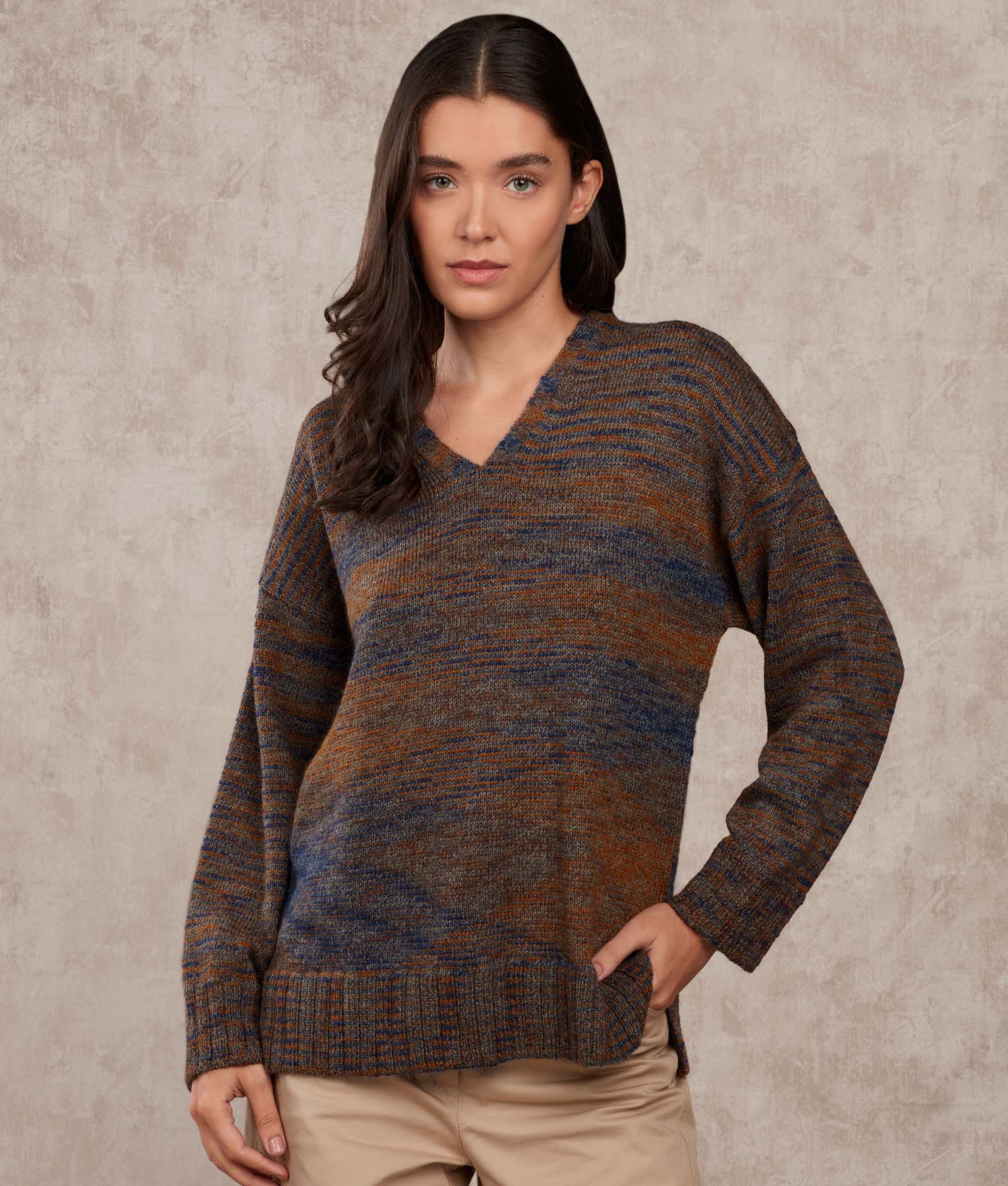Oversized V Neck Sweater - Mazarine Blue And Golden Oak
