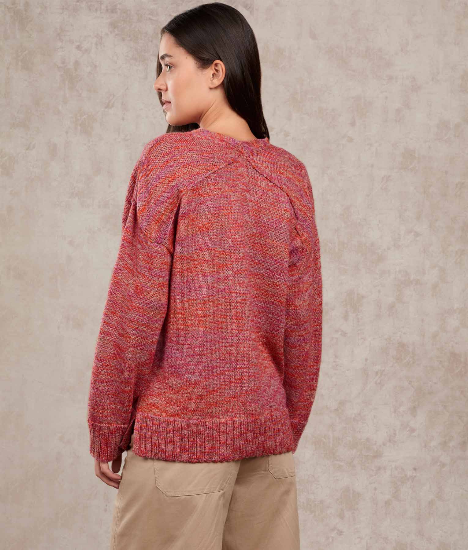 Oversized V Neck Sweater - Flame Orange And Rose Violet