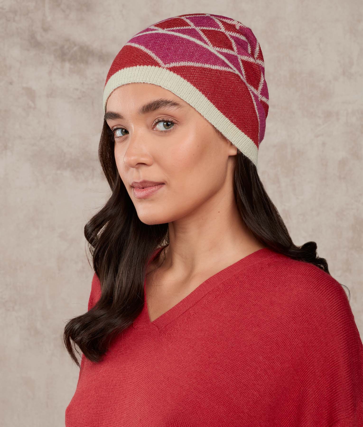 Brick On Brick Beanie - Egret and Pompeian red