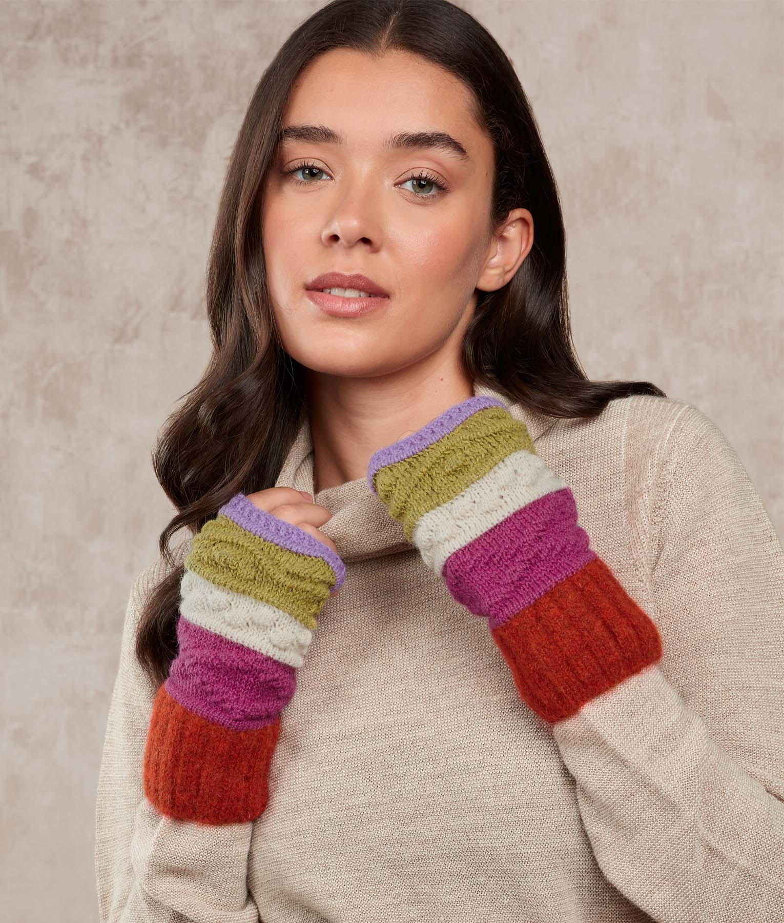 Stripes Mittens - Burnt ocher and Very berry