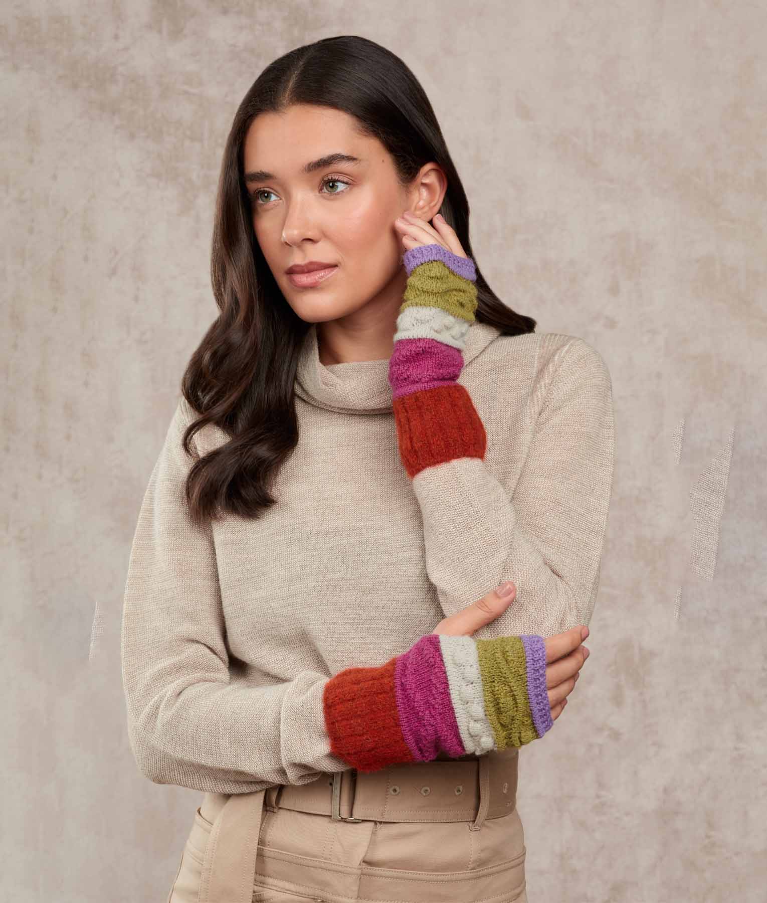 Stripes Mittens - Burnt ocher and Very berry