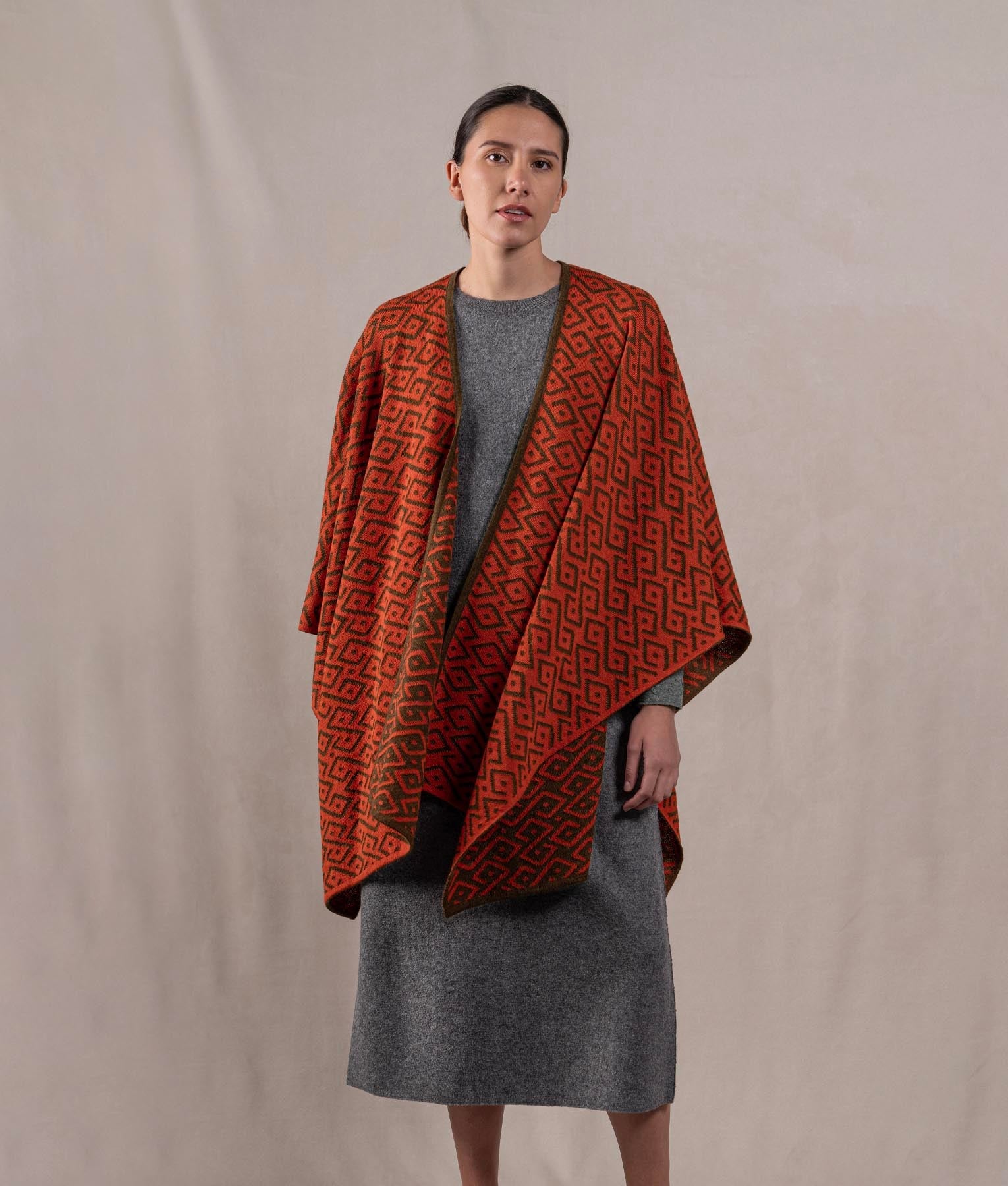 Gala Cape - Dark Olive Brow And Terracotta Red