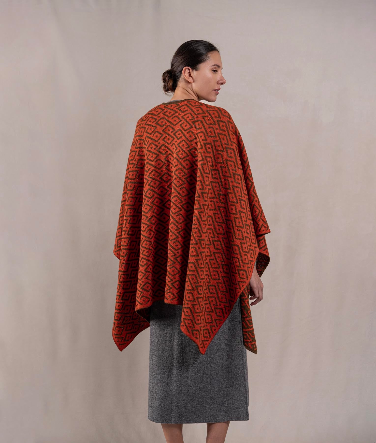 Gala Cape - Dark Olive Brow And Terracotta Red