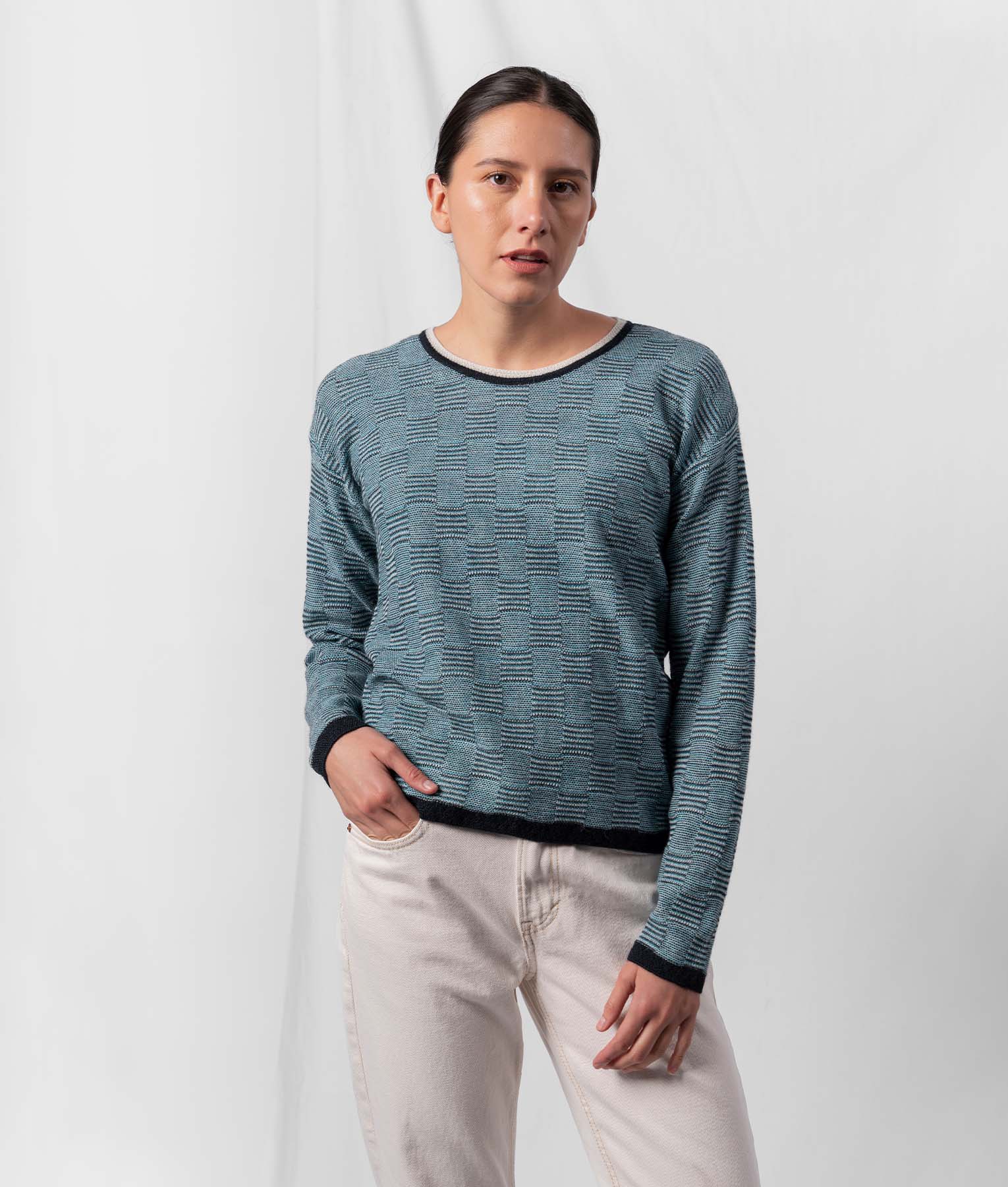 High And Low O Neck Stiched Sweater - Teal Blue And Black