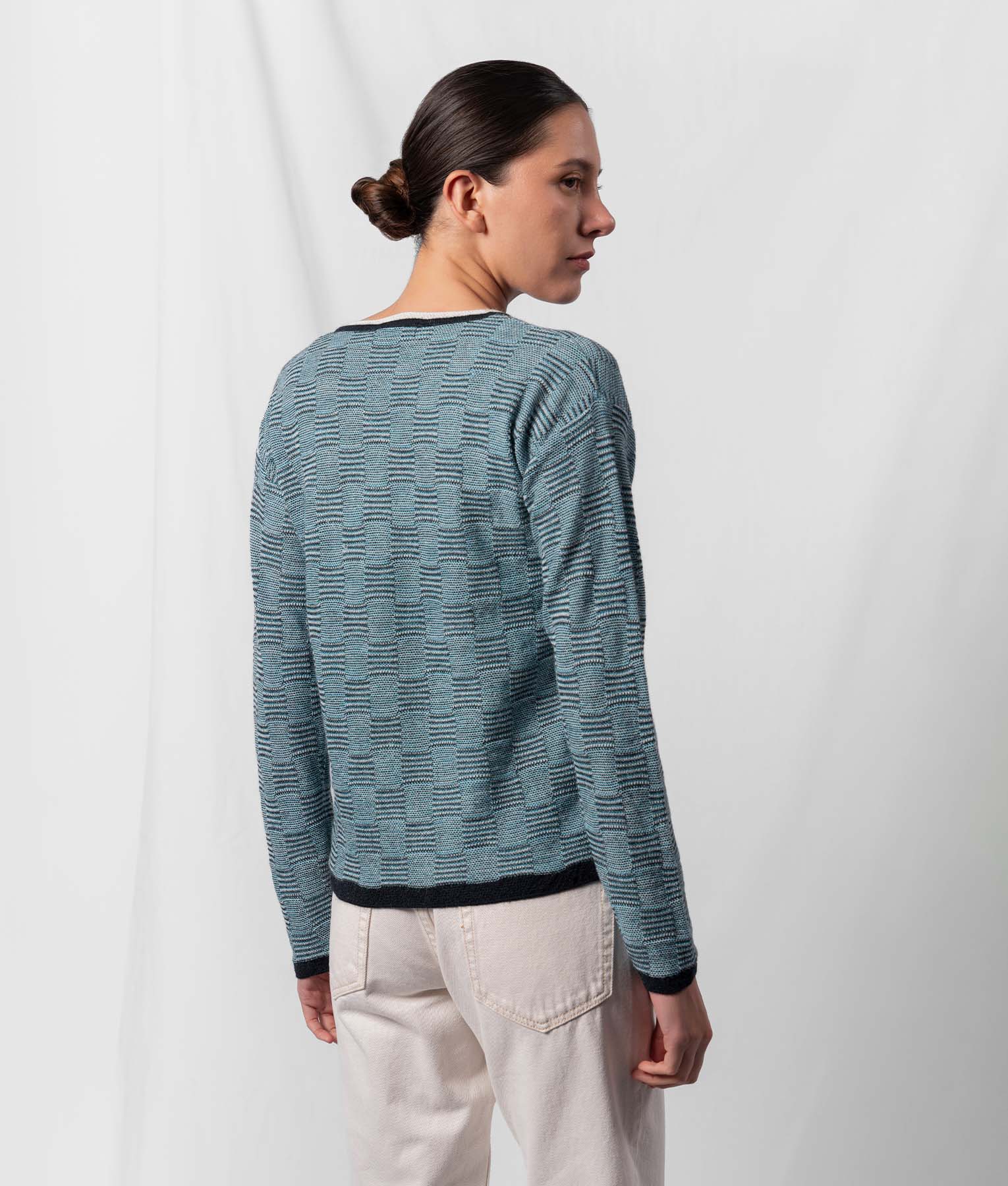 High And Low O Neck Stiched Sweater - Teal Blue And Black