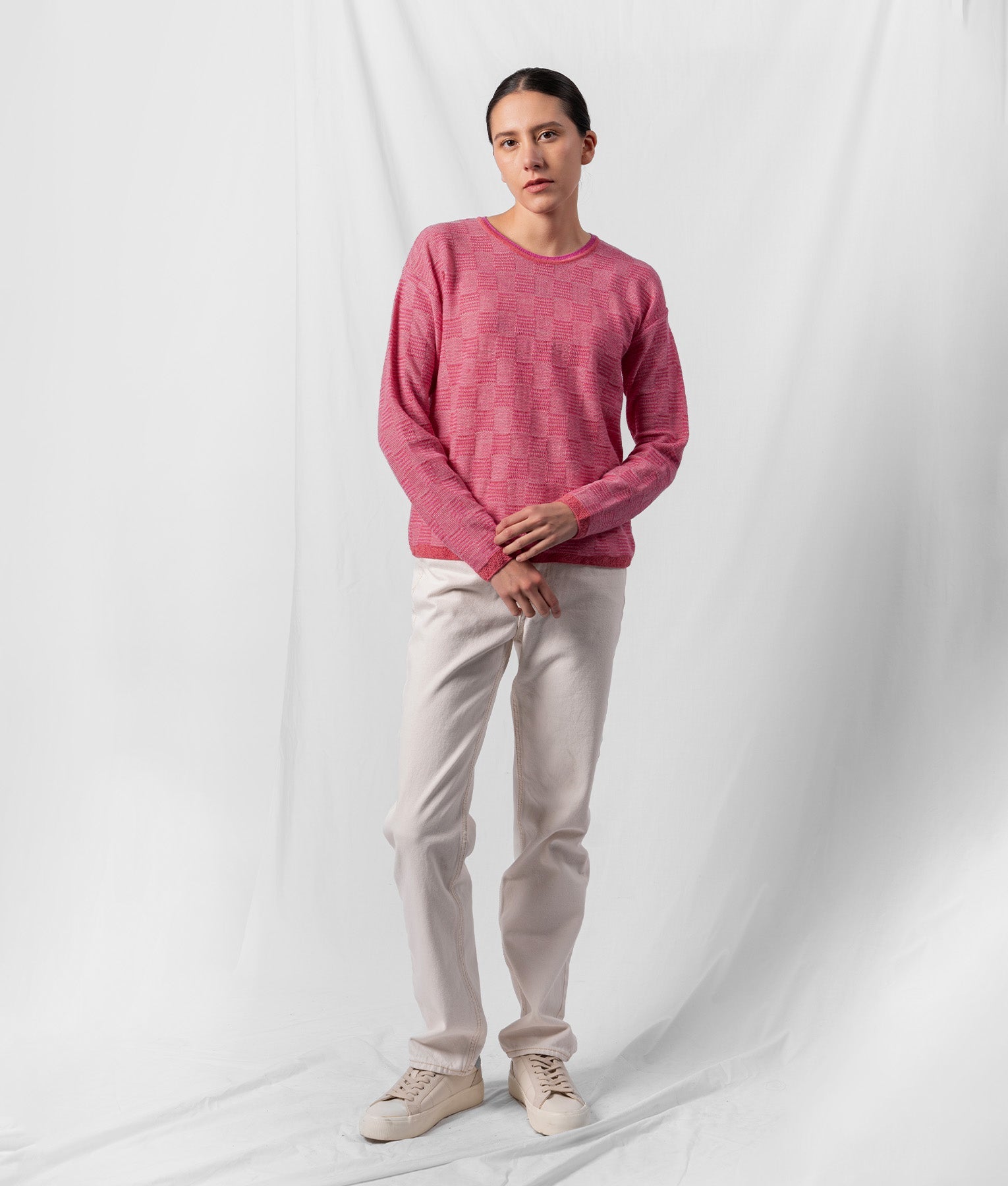High And Low O Neck Stiched Sweater - Fuchsia And Light Pink