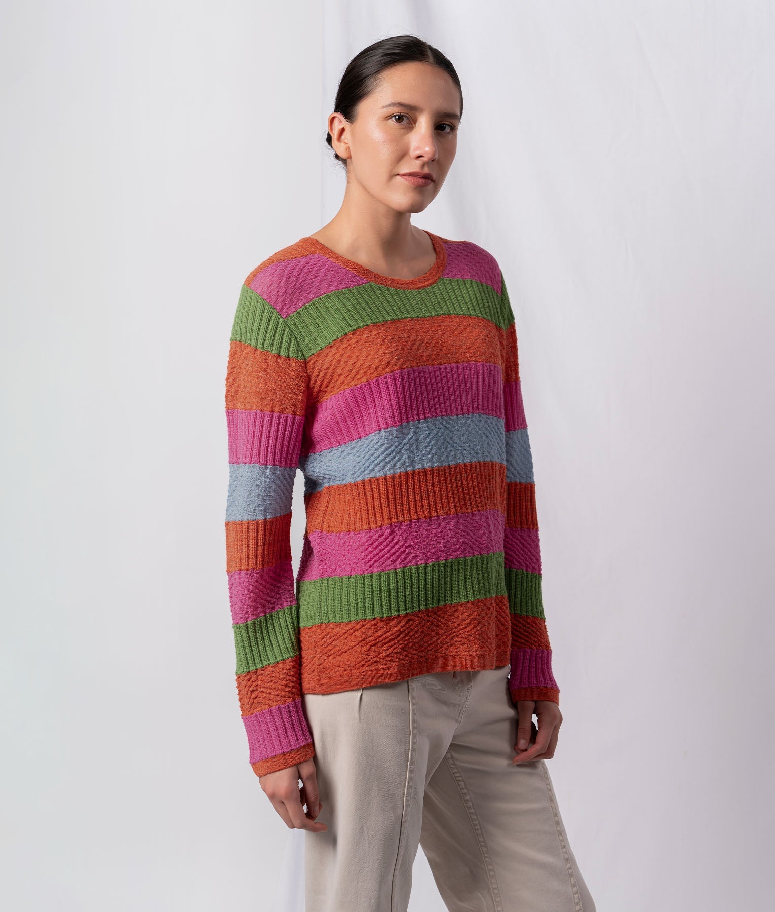 Striped Sampler O Neck Sweater - Burnt Orange And Fuchsia