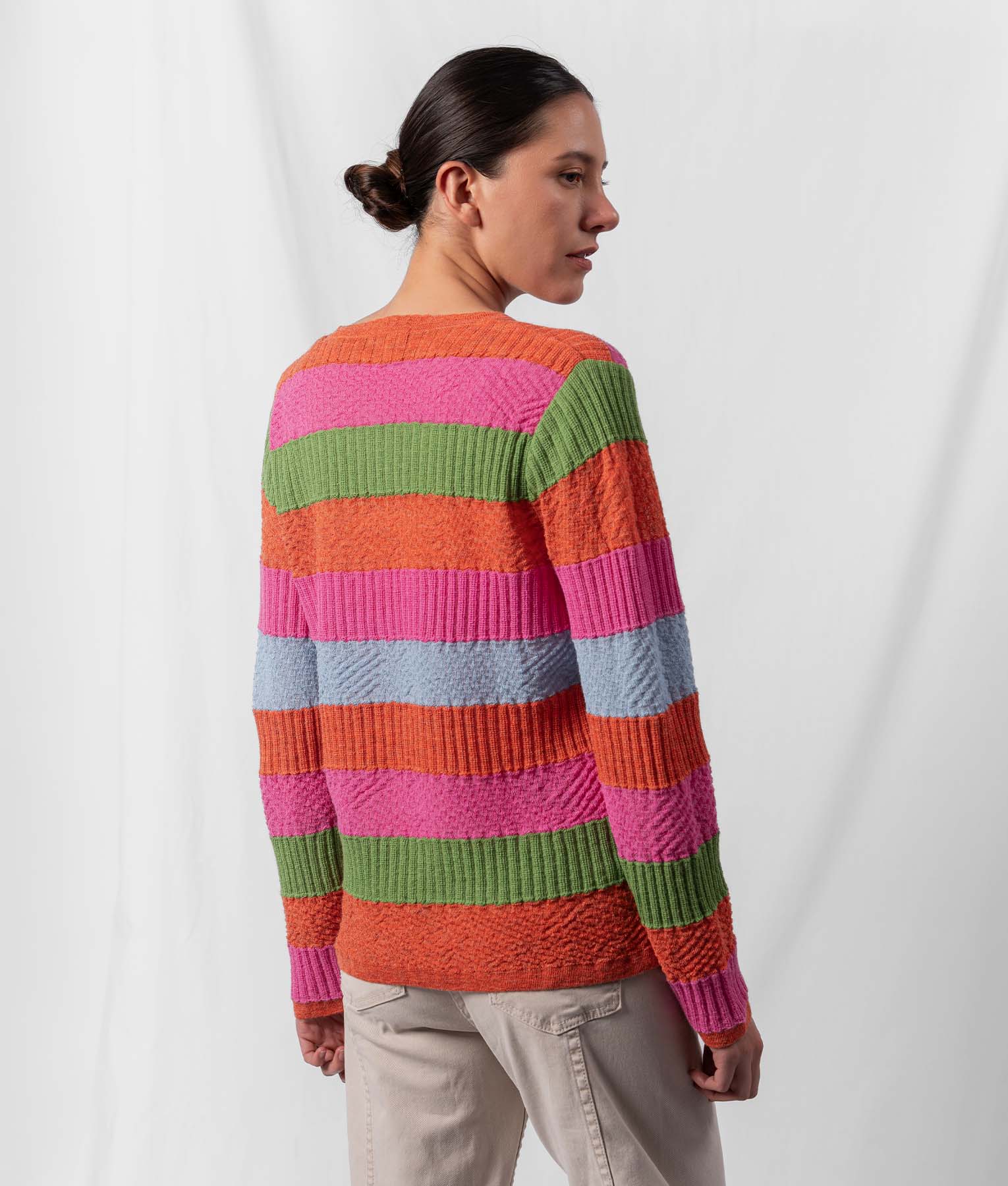 Striped Sampler O Neck Sweater - Burnt Orange And Fuchsia