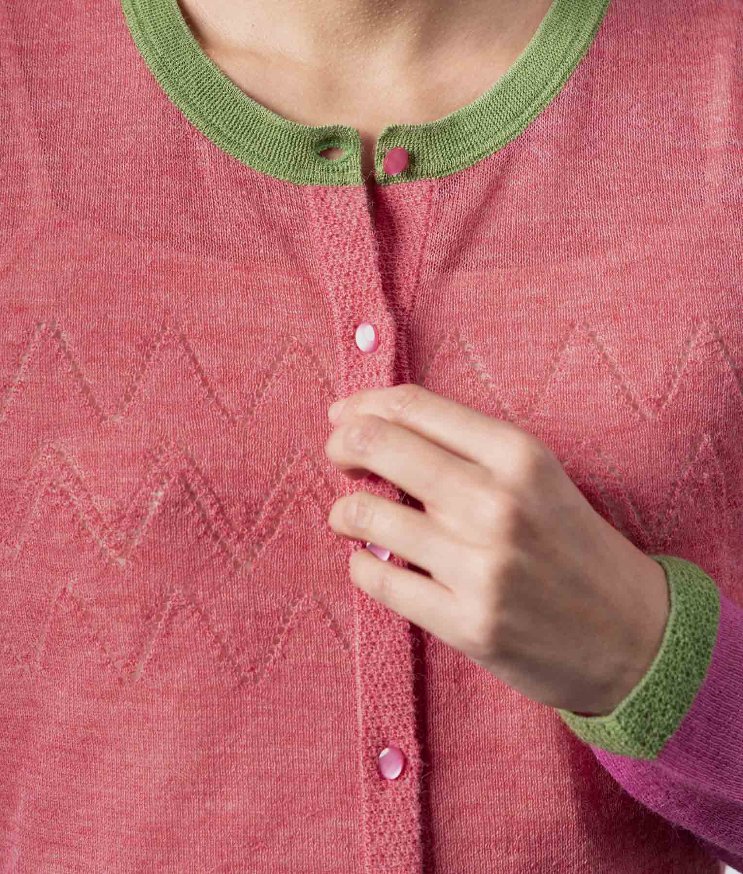 El Ritmo Eyelet Detailed Cardigan - Watermelon Pink And Soft Lime Green