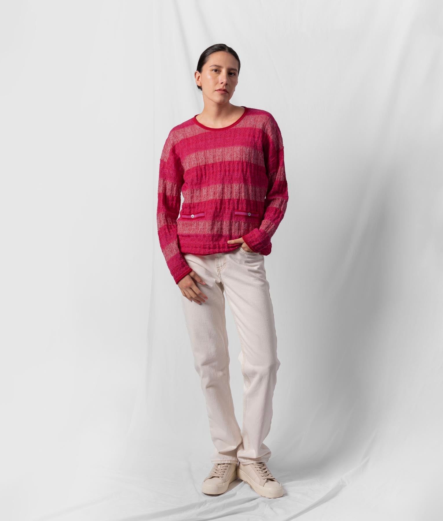 Loose Jacquard Pocket Front Sweater - Ruby Red And Raspberry Pink