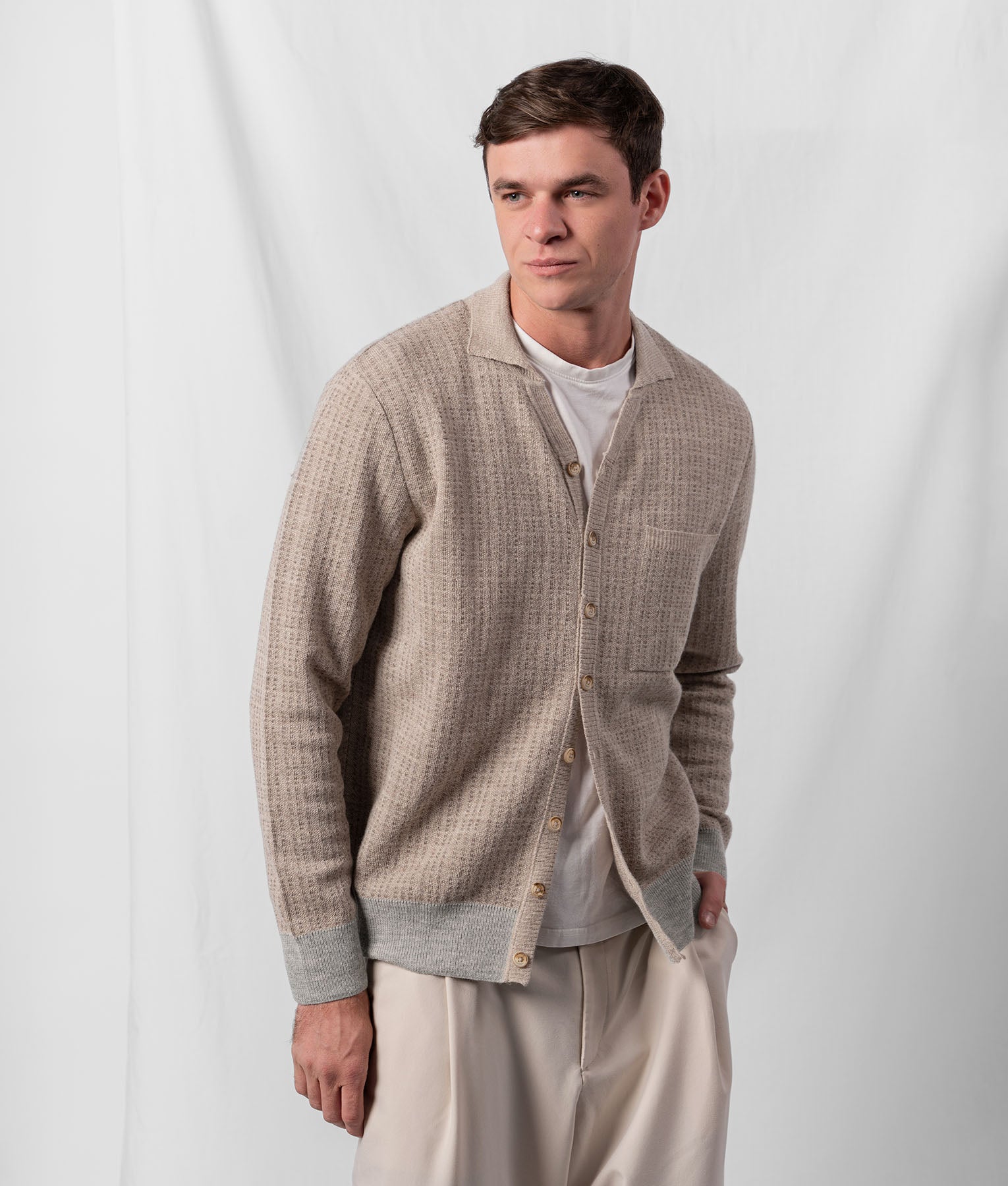 Textured Jacquard Cardigan - Oat Beige And Light Heather Grey