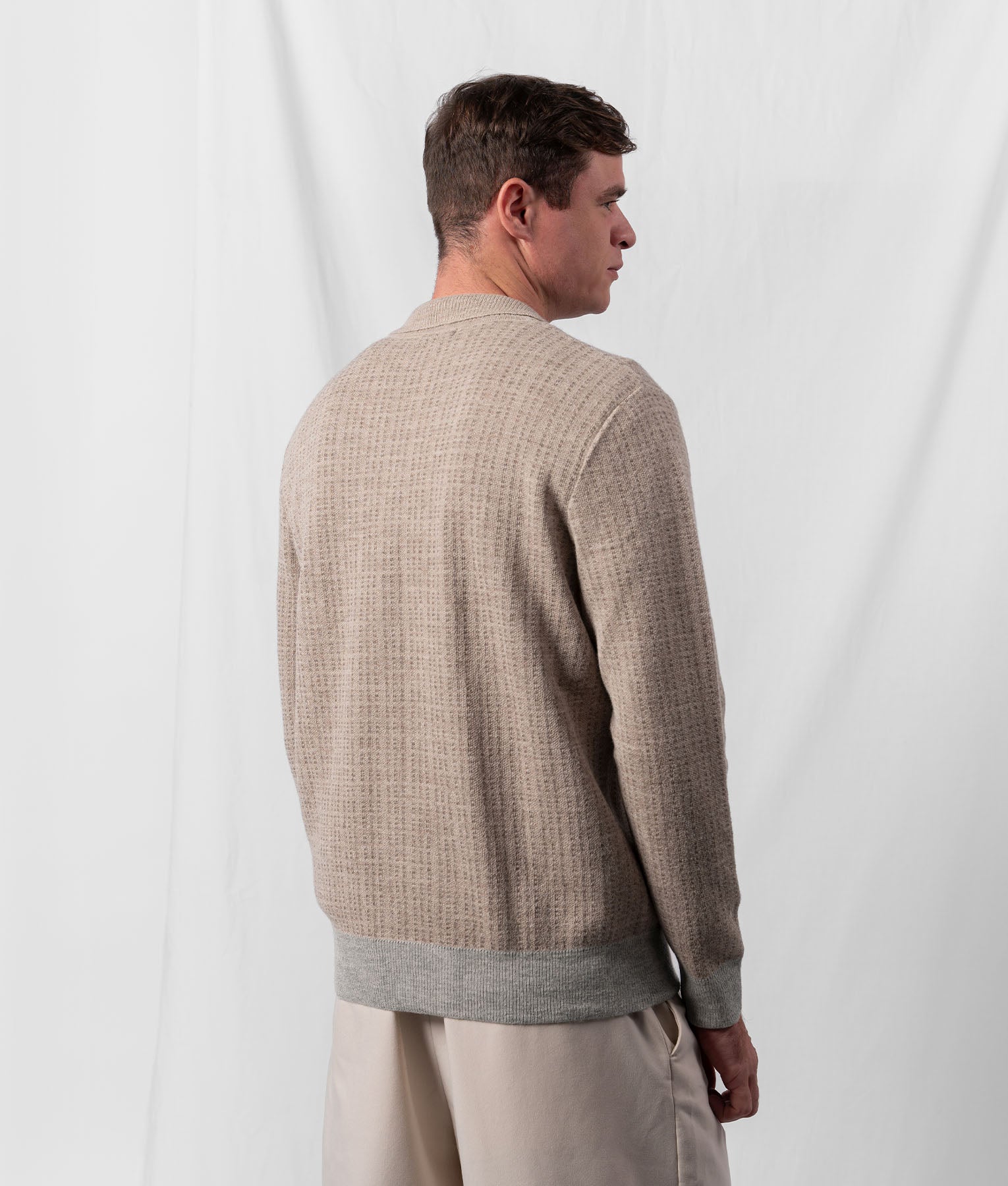 Textured Jacquard Cardigan - Oat Beige And Light Heather Grey