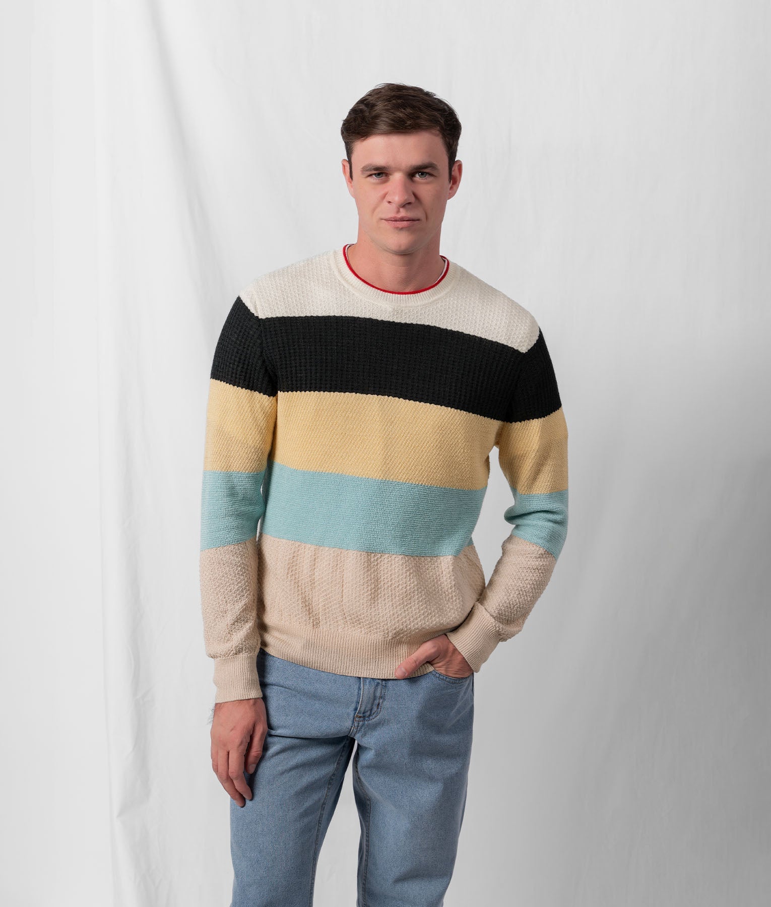 Linear O Neck Men'S Sweater - Ivory Y Black