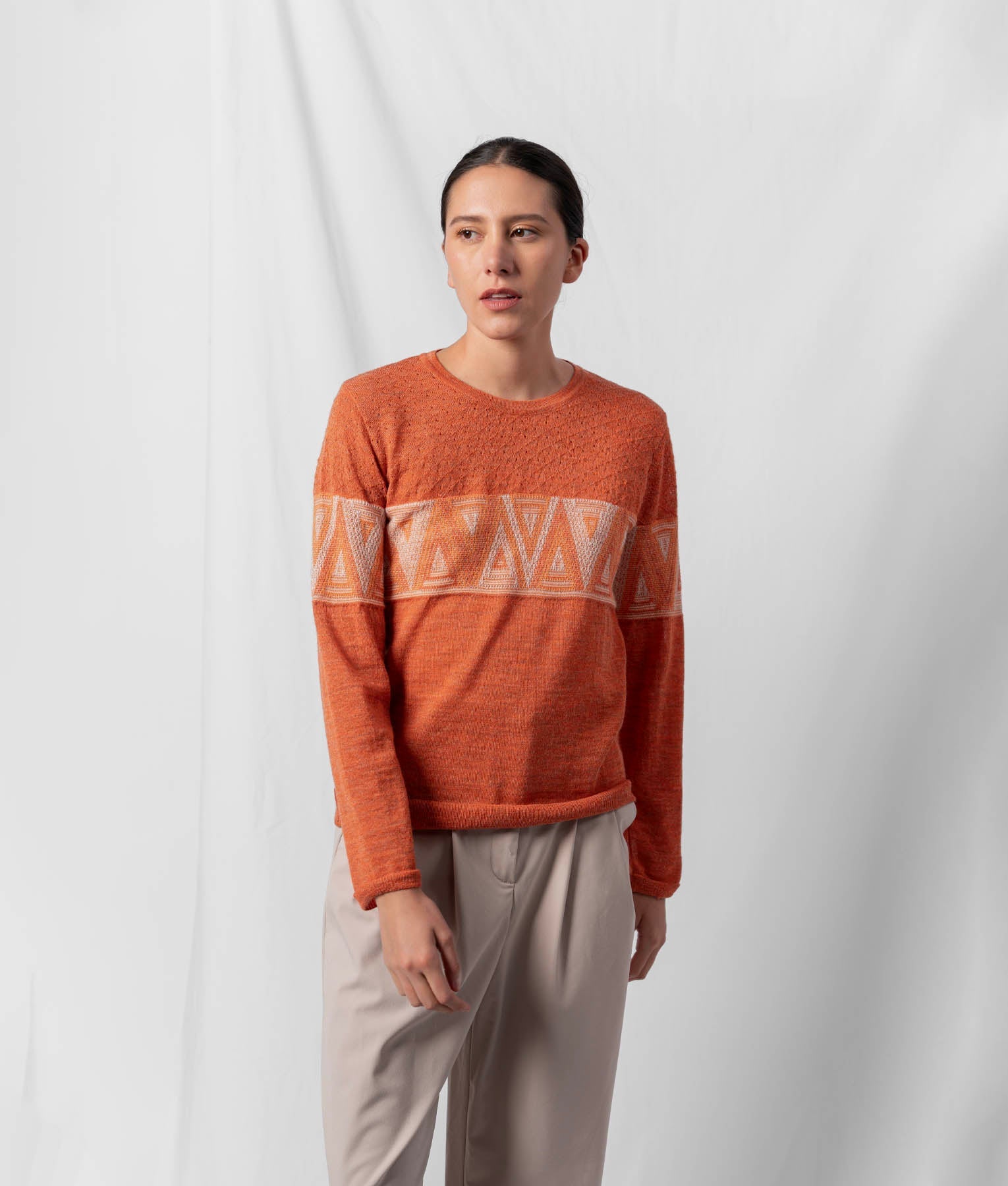 Triangles O Neck Sweater - Terracotta And Light Beige