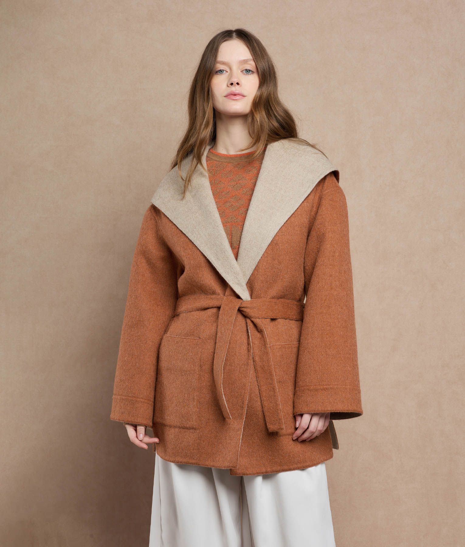 Belted Short Hoodie - Brown Rust And Brandy