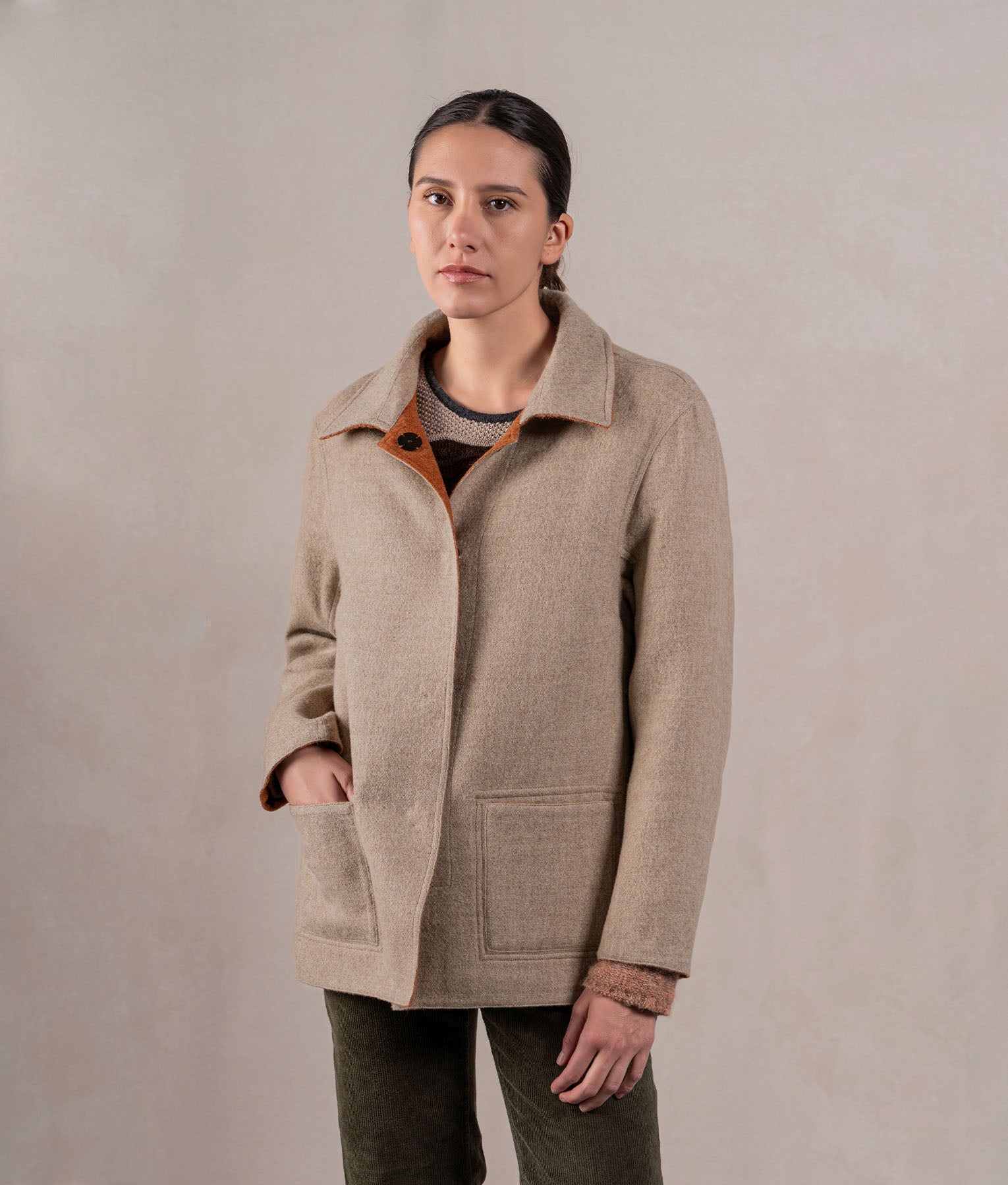 Reversible Women'S Short Coat - Oat Beige Y Soft Terracotta