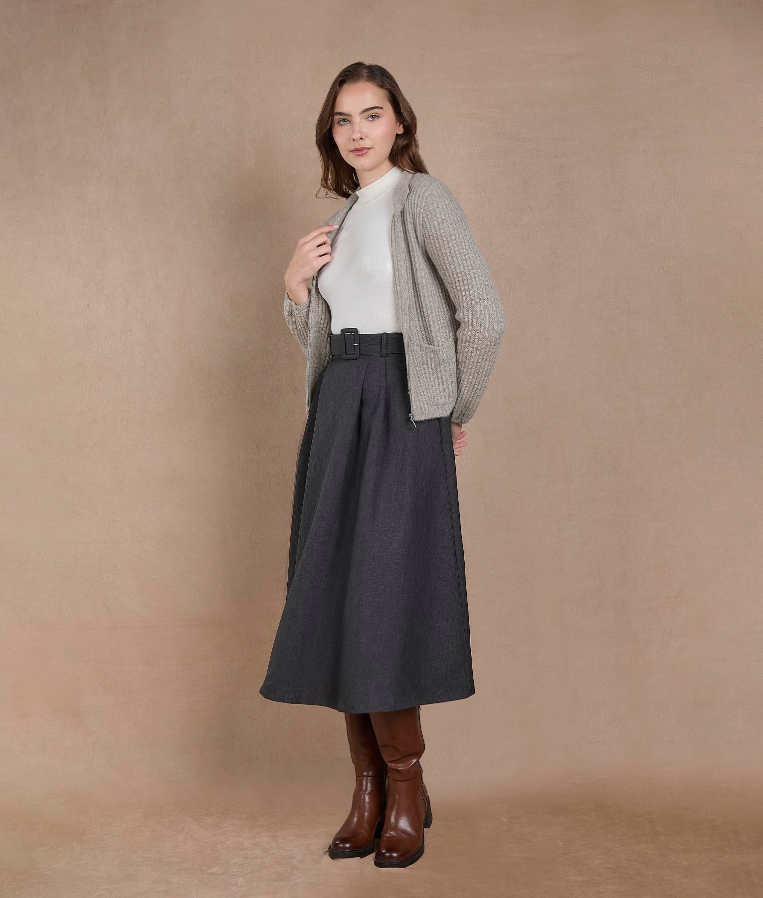 Rib Cardigan with Pockets - Warm Gray