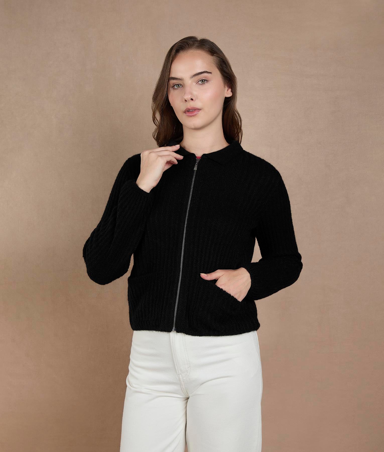Rib Cardigan with Pockets - Black