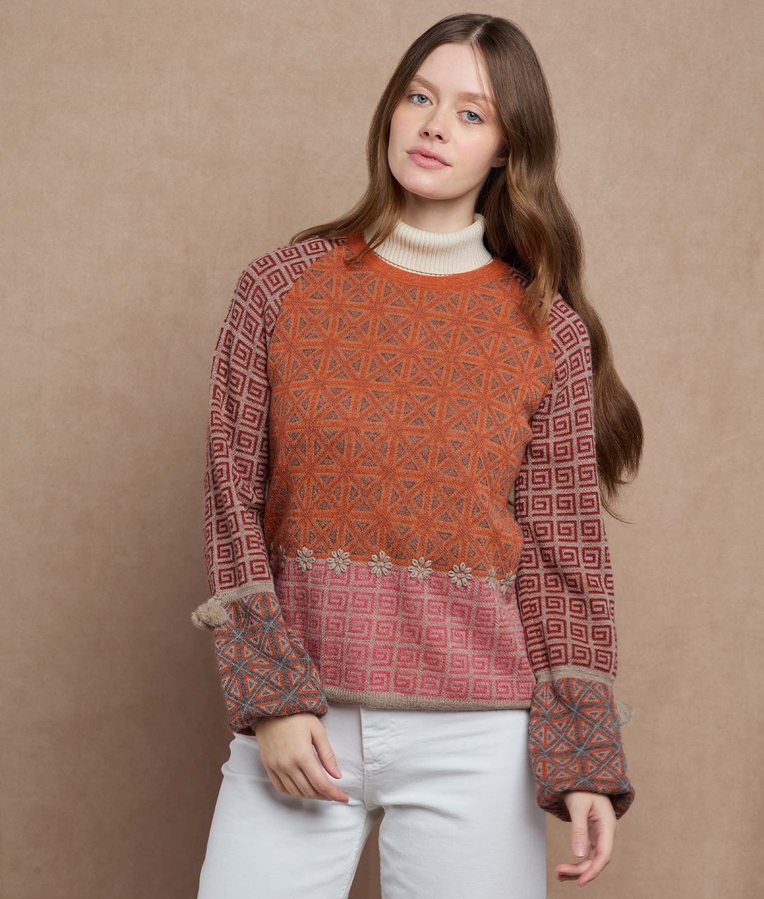 Jacquard Puffed Sleeves Sweater