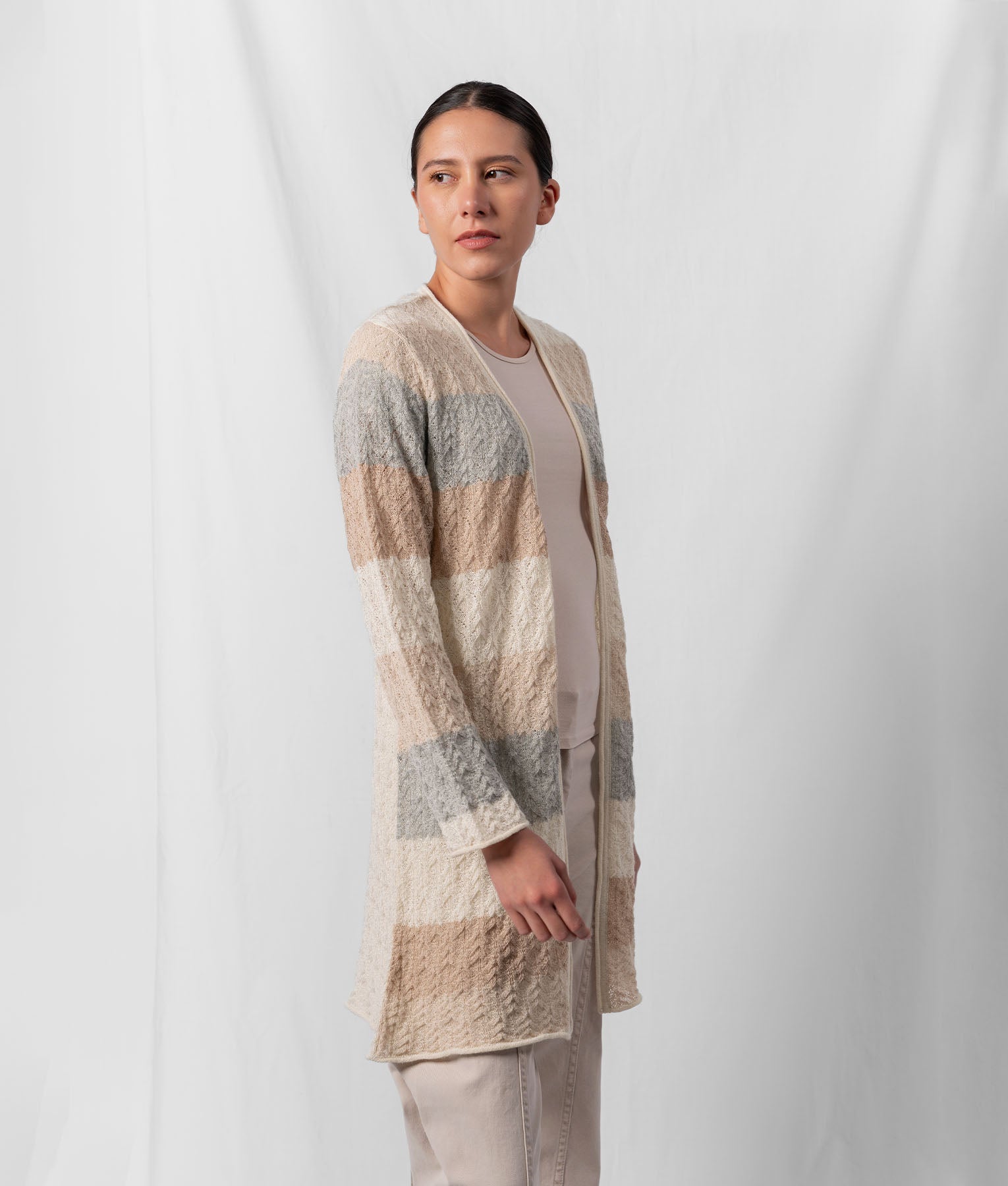 Striped French Lace Long Cardigan - Natural Light Beige And Soft Pale Grey