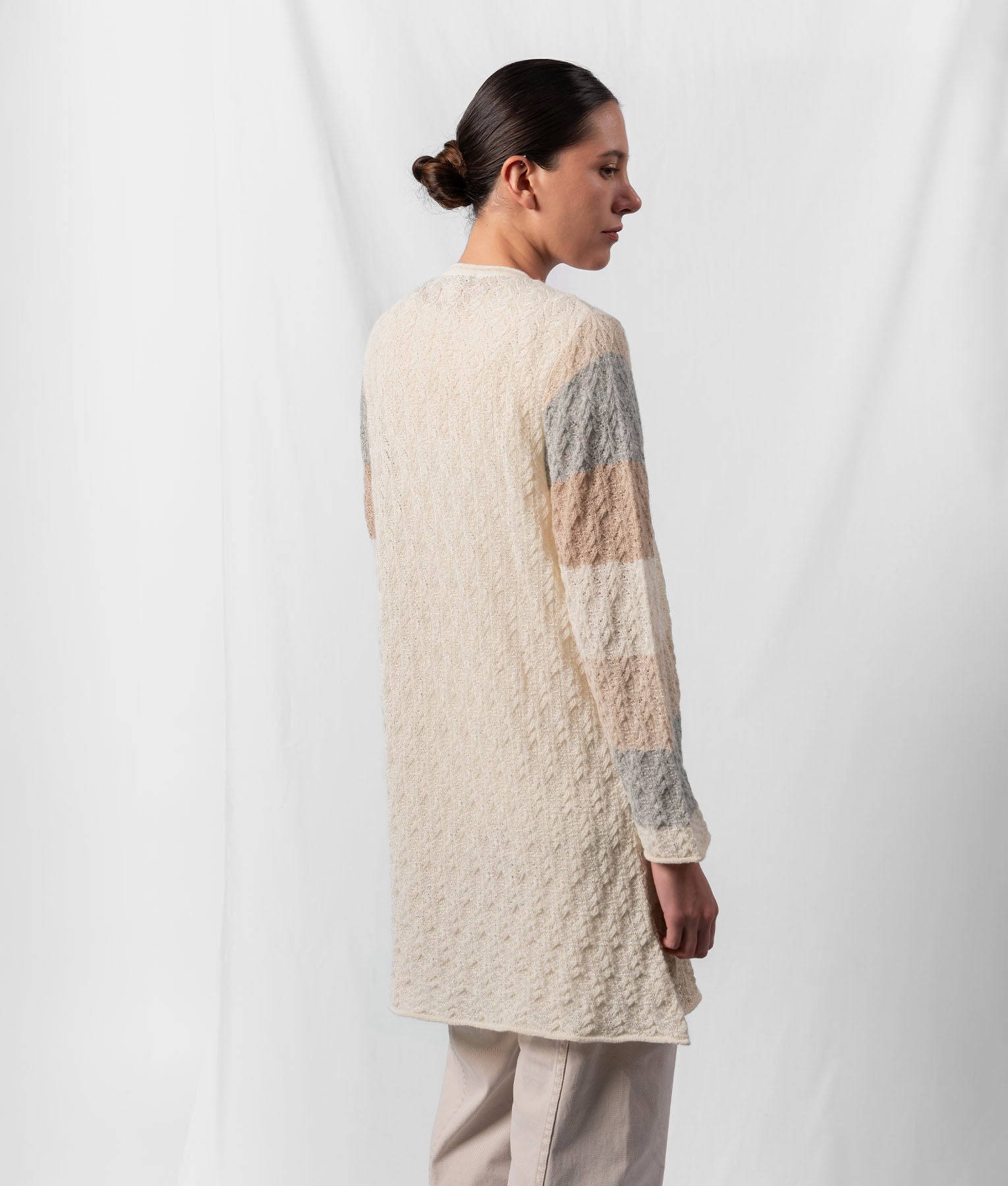 Striped French Lace Long Cardigan - Natural Light Beige And Soft Pale Grey