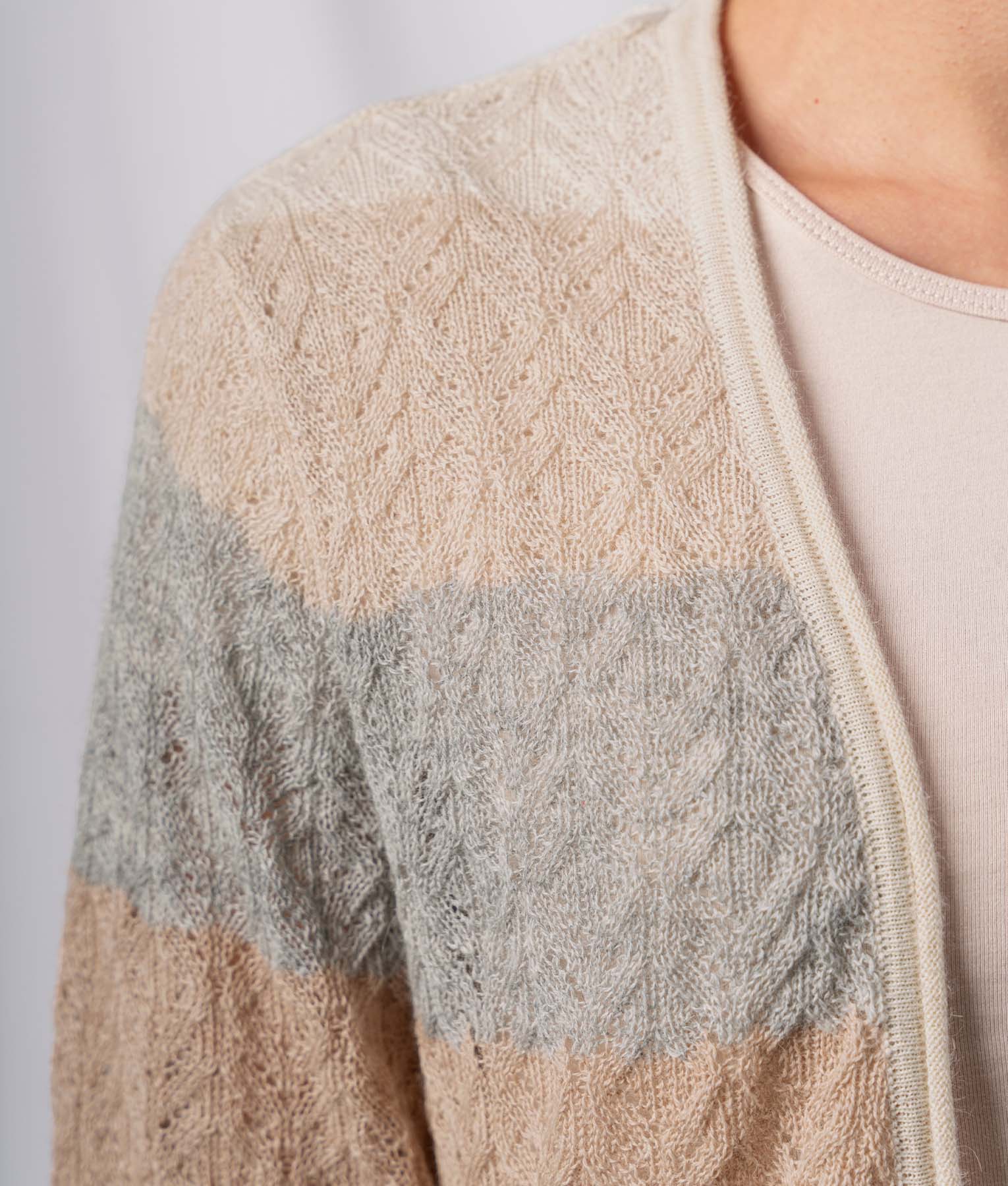 Striped French Lace Long Cardigan - Natural Light Beige And Soft Pale Grey