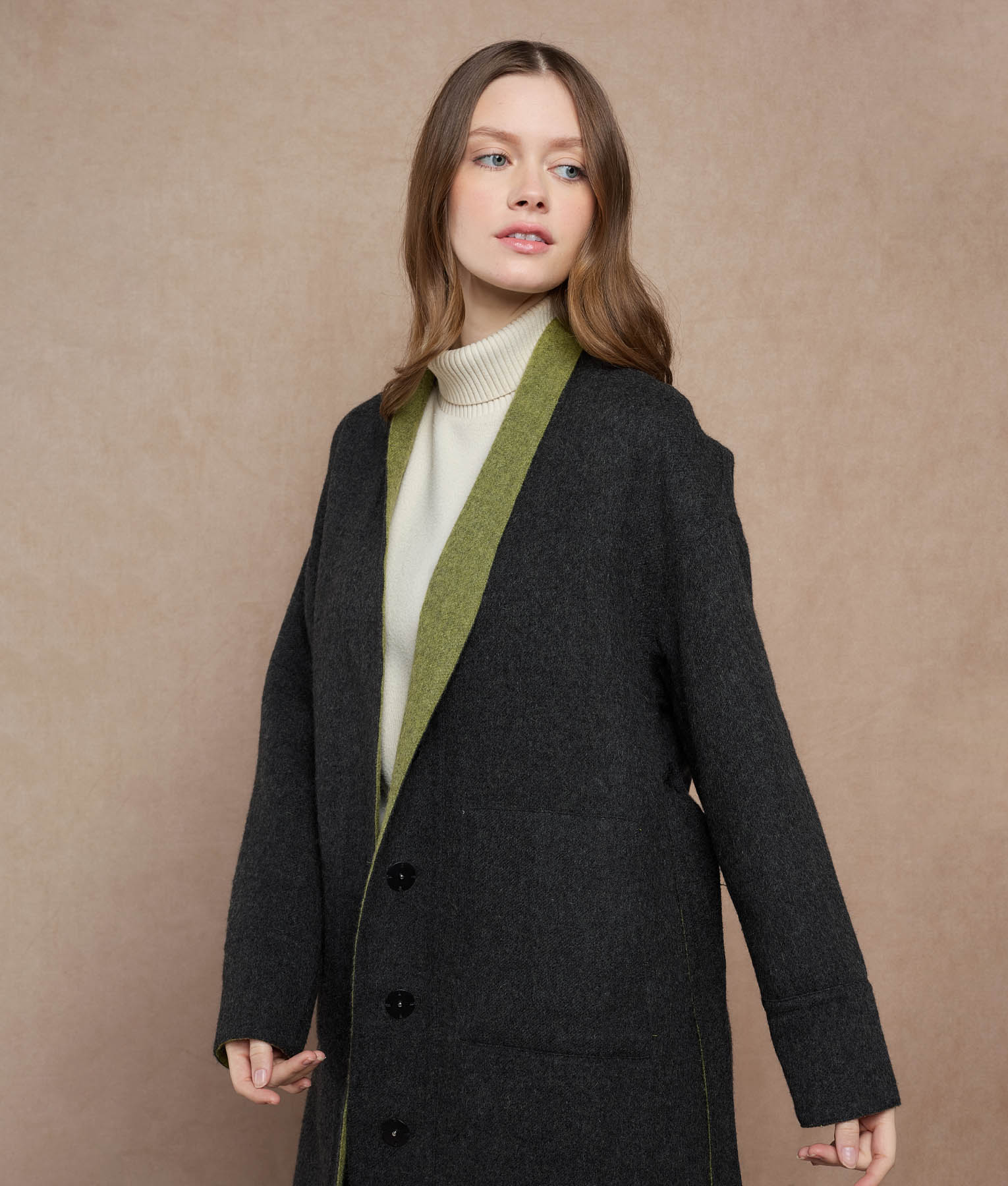 Reversible Buttons Up Wrap Coat - olive green and dark charcoal