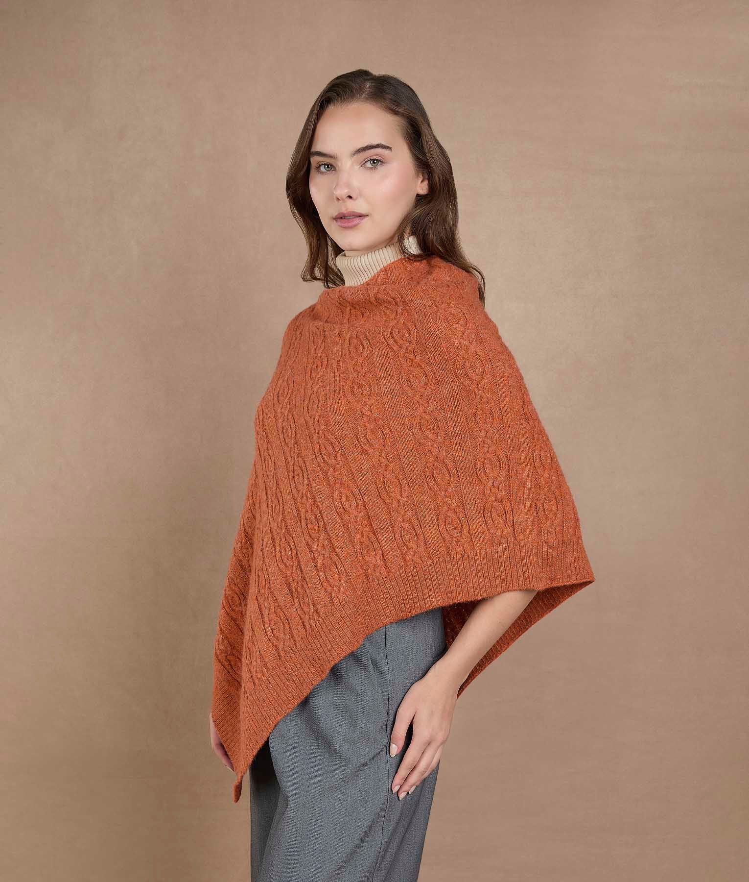 Diagonal Knit Poncho - Burnt Orange