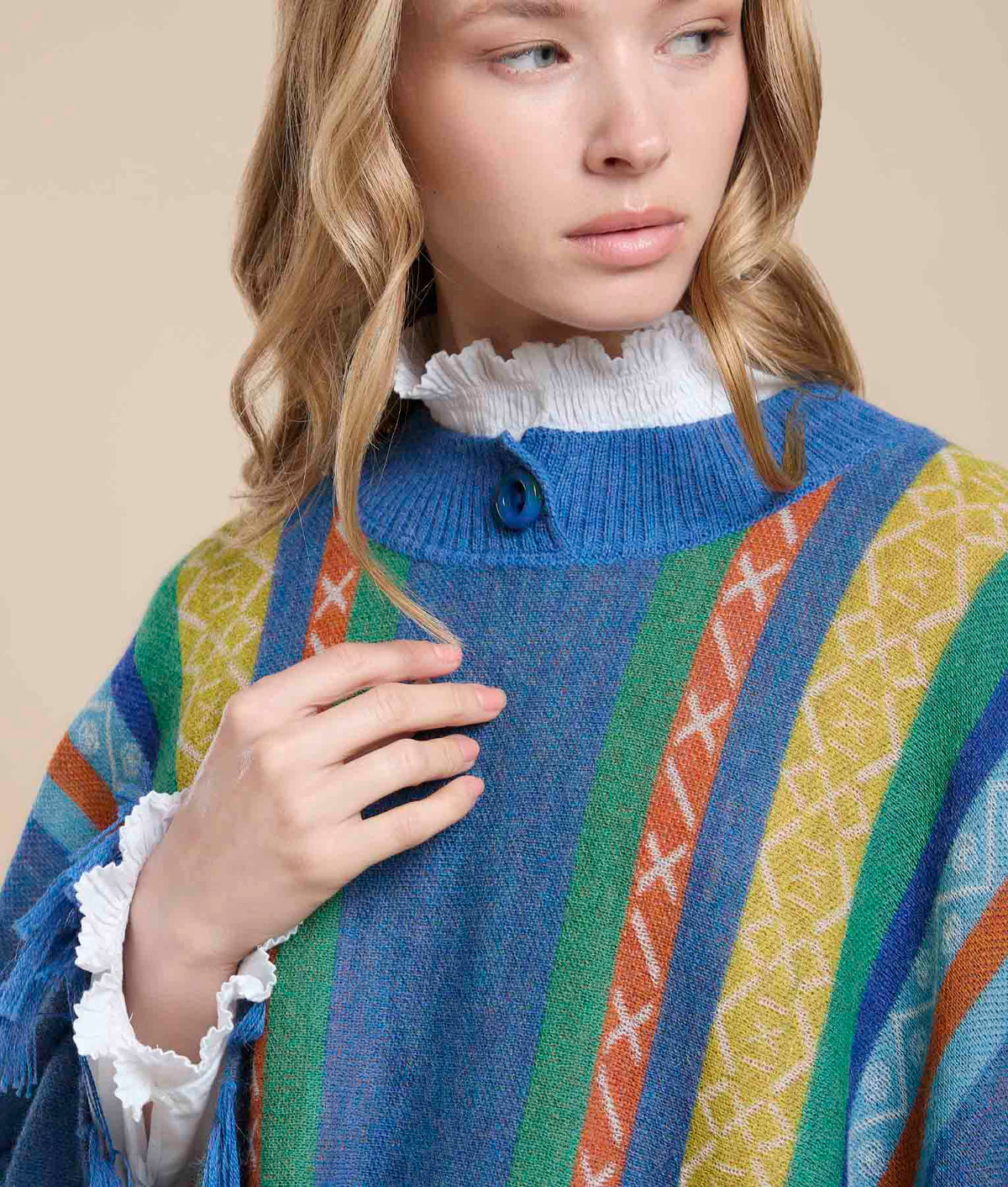 Buttoned Fringe Poncho