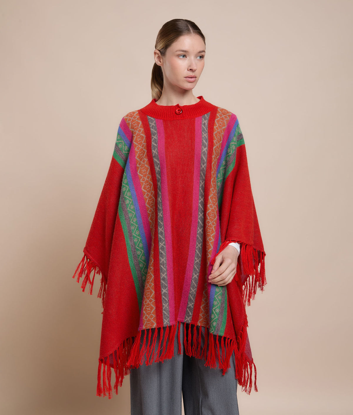 Buttoned Fringe Poncho
