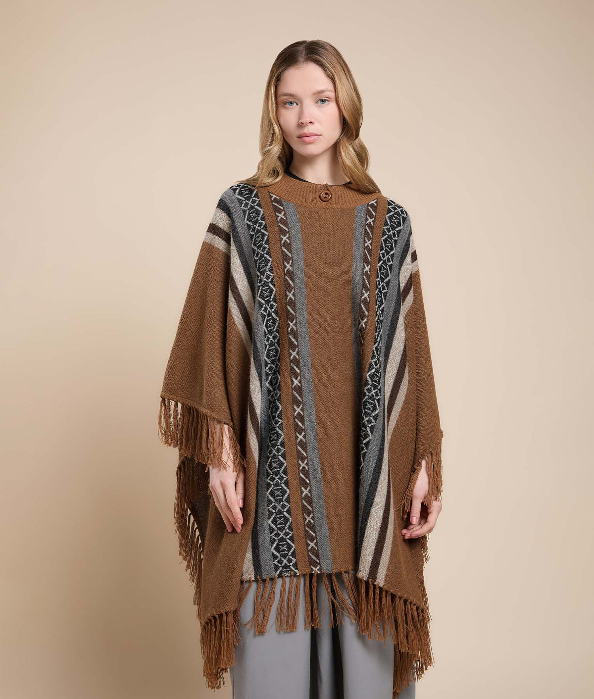 Buttoned Fringe Poncho