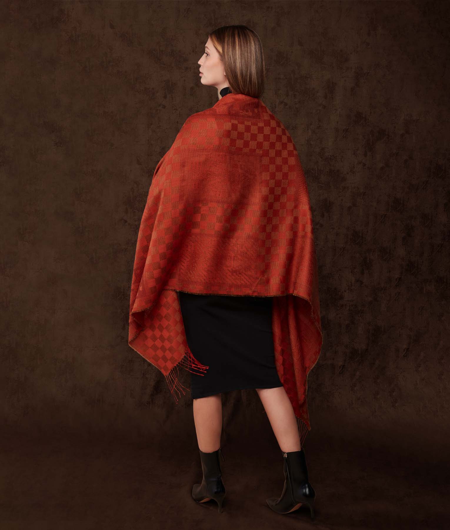 Chimu Checker Shawl - Ocher And Red