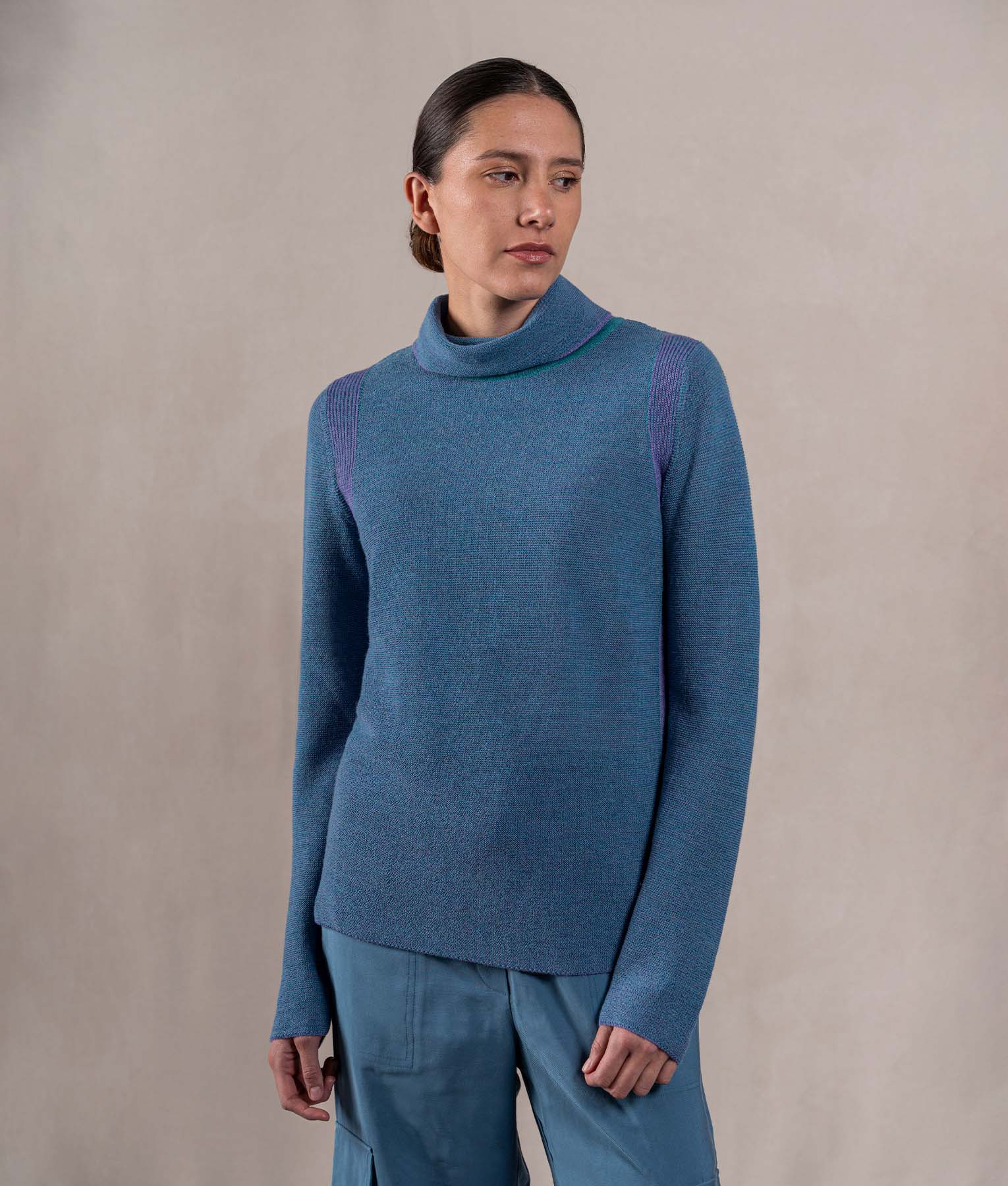 Links Sweater - Petrol Blue With Lilac Accents
