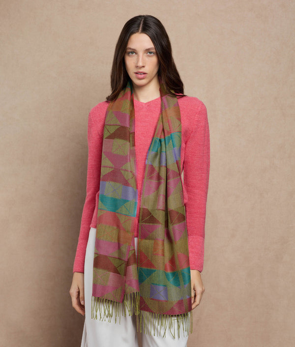 Beyond Shapes Scarf — Green Olive And Pastel Shades — green olive and pastel shades baby alpaca by Sol Alpaca