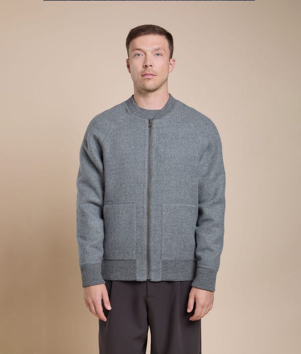 Reversible Bomber Jacket — Blue Melange & Silver Grey — blue melange & silver grey baby alpaca by Sol Alpaca