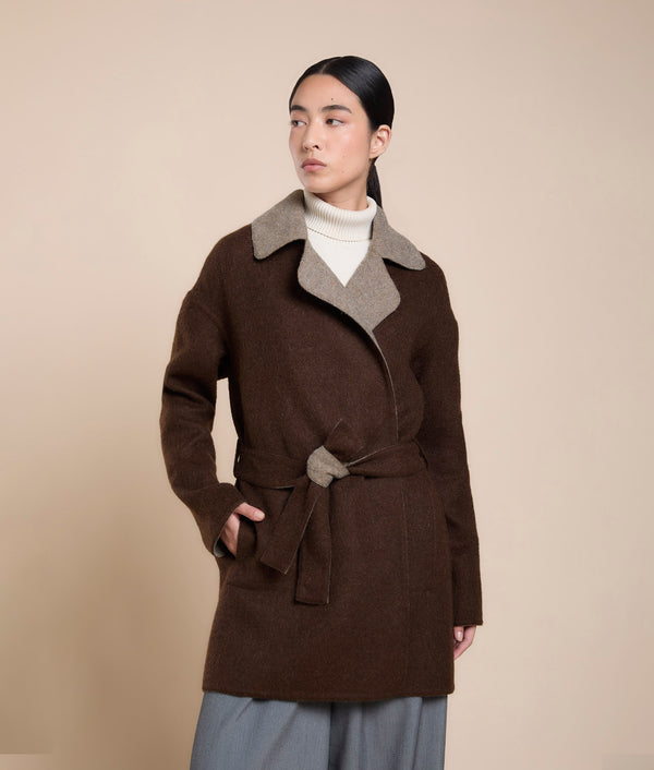 Reversible Wrap Coat — Dark Cacao Melange — dark cacao melange baby alpaca by Sol Alpaca