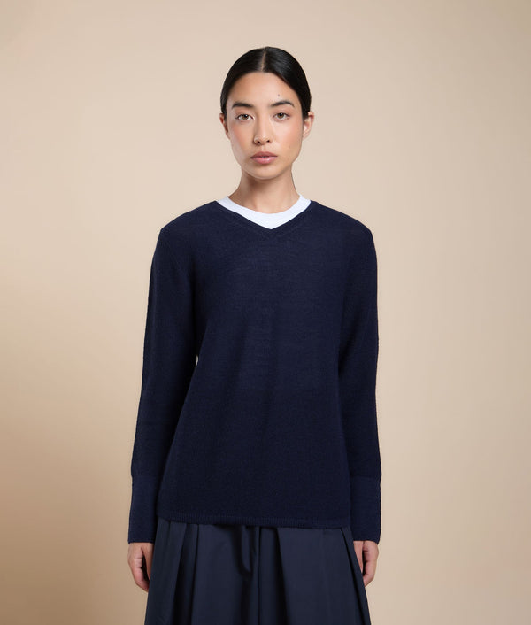 Basic V-Neck Links Sweater — Navy Blue — navy blue baby alpaca by Sol Alpaca