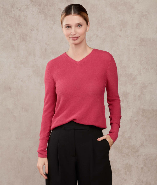 Links Basic Vee Sweater — Raspberry Wine — raspberry wine baby alpaca by Sol Alpaca