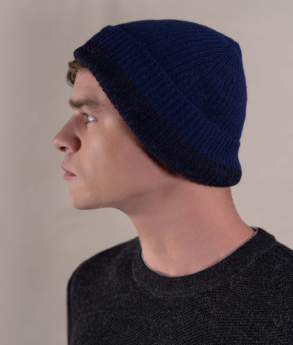 Reversible Ribbed Beanie - Navy Blue With Heather Black Edge — navy blue with heather black edge baby alpaca by Sol Alpaca