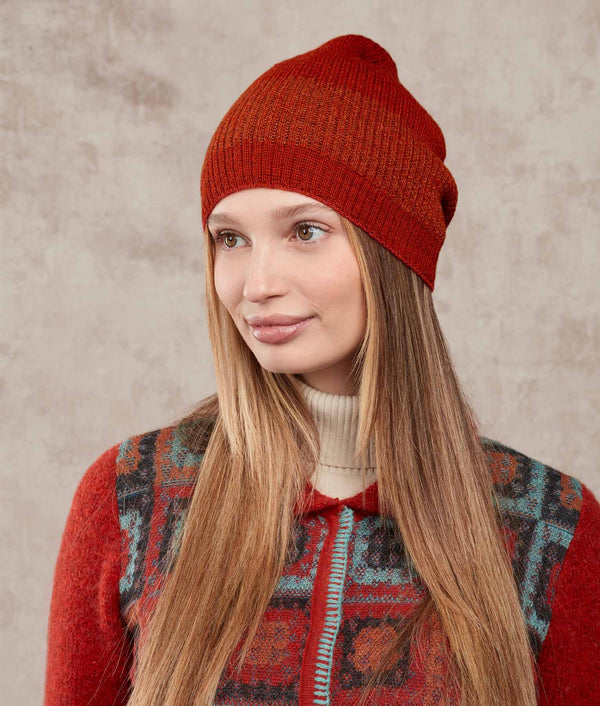 Reversible Ribbed Beanie — Poinciana — poinciana baby alpaca by Sol Alpaca