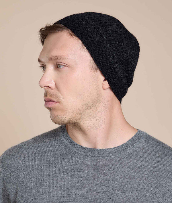 Reversible Ribbed Knit Beanie — Black Oyster — black oyster alpaca by Sol Alpaca