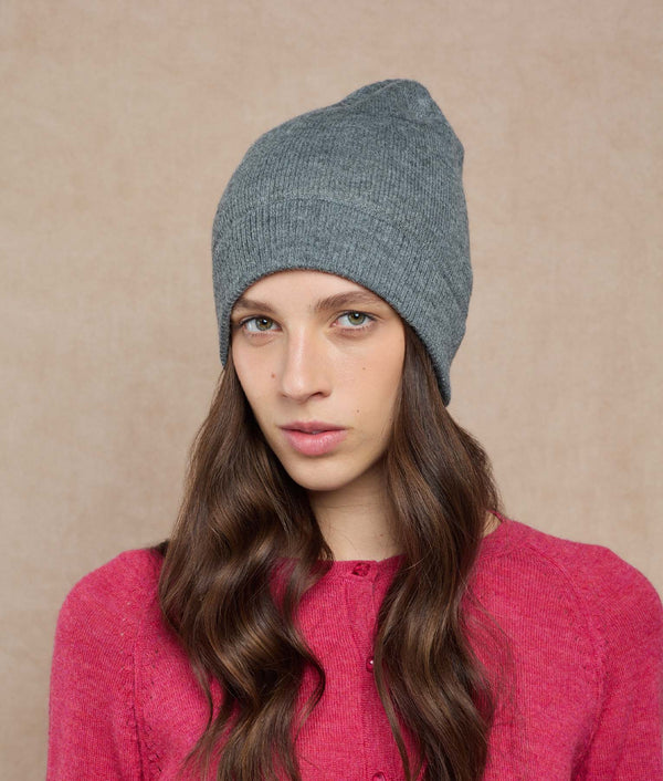 Reversible Basic Beanie — Dark Gray And Sand — dark gray and sand baby alpaca by Sol Alpaca