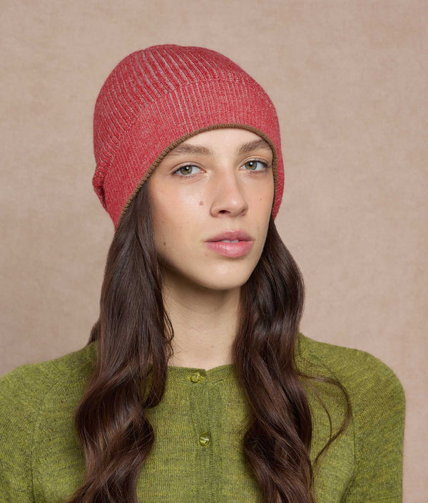 Reversible Basic Beanie — Aurora Red And Tabaco Brown — aurora red and tabaco brown baby alpaca by Sol Alpaca